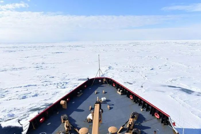 A USCG vessel breaking ice in Antarctica in early 2022.