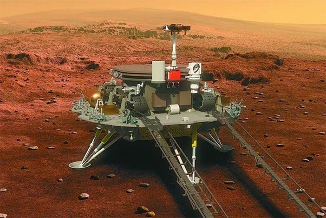 Illustration of the Tianwen-1 probe landing on the surface of Mars.