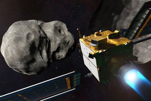Illustration of the DART spacecraft colliding with the Dimorphos asteroid.
