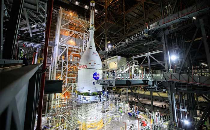 The Orion spacecraft fully assembled with the launch abort system