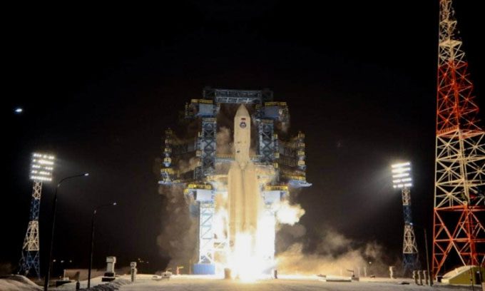Angara A5 rocket launching at Plesetsk spaceport, Russia, December 2021.