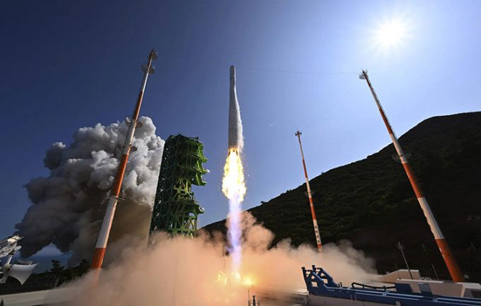 South Korea launches the Nuri space rocket from the launch pad at the Naro Space Center in Goheung on June 21.