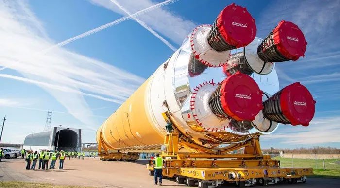 The core stage of the SLS rocket being transported to Stennis Space Center