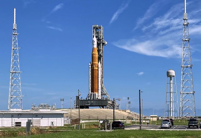 SLS rocket and Orion spacecraft on the launch pad in Florida.
