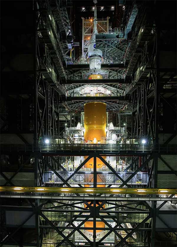 SLS super rocket and Orion spacecraft (white)