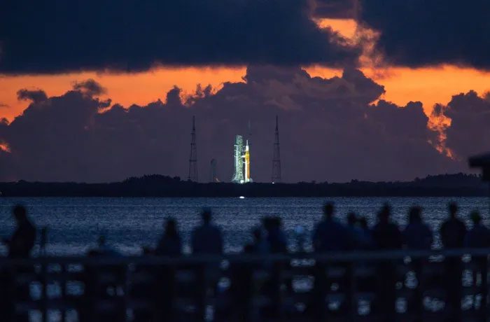 SLS rocket at launch pad 39B, Kennedy Space Center.