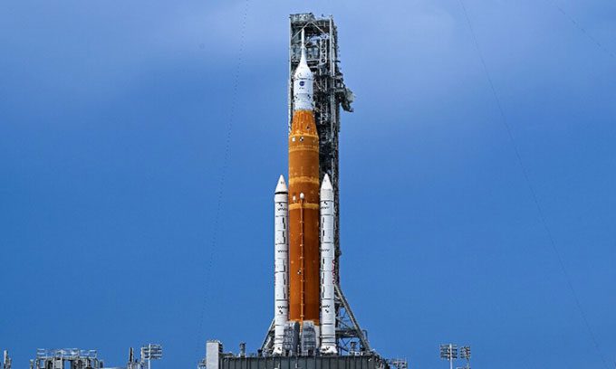 The SLS rocket and Orion spacecraft duo for the Artemis 1 Moon mission.