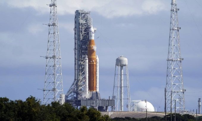 NASA's SLS rocket awaiting launch.