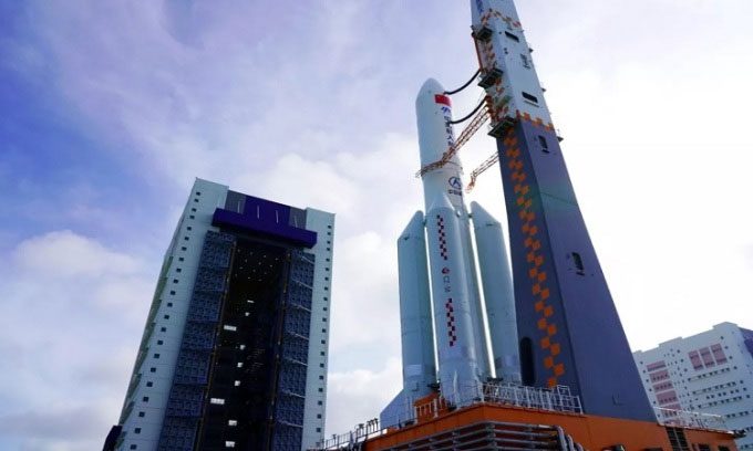 Long March 5B rocket on the launch pad in Wenchang.