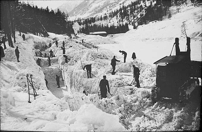 Local residents clearing snow that buried a road during the Horrific Winter.