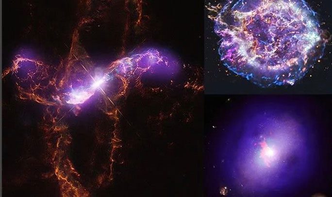 R Aquarii (left), Cassiopeia A (top right), and Abell 2597 (bottom right)