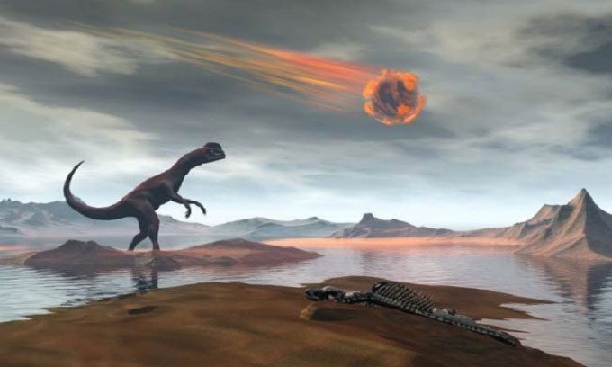 Simulation of a meteorite falling to Earth during the time of the dinosaurs.