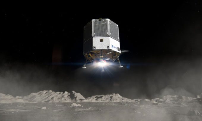 Simulation of a lunar lander carrying the oxygen extraction device.