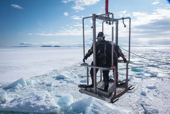 Two divers from the United States Coast Guard (USCG) preparing to dive in Antarctica in 2020.