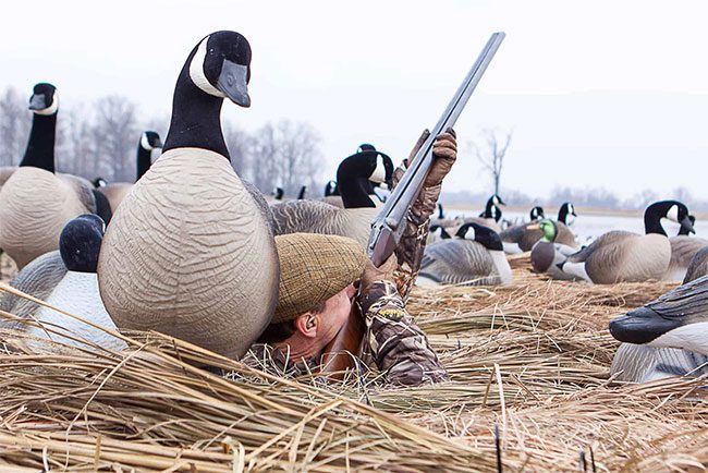 Hunters in hiding next to decoys.