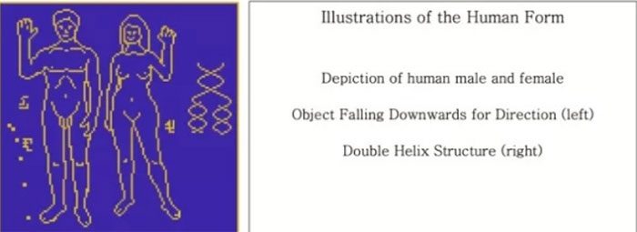 The male-female couple is depicted waving to avoid frightening extraterrestrials.