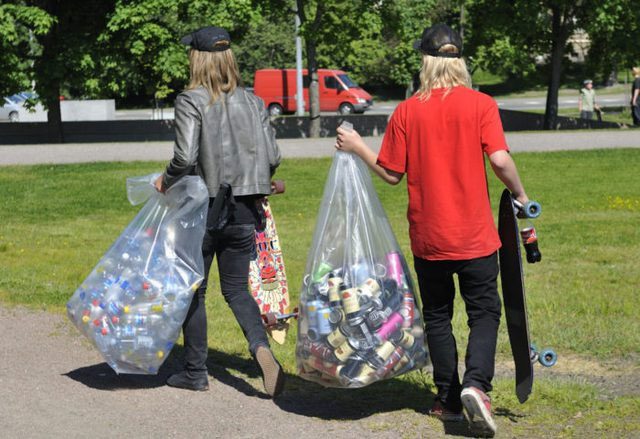 Common bottle and can collection scene in Finland.
