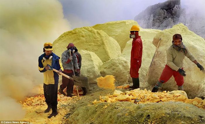 Miners extracting 'gold' at the volcano.