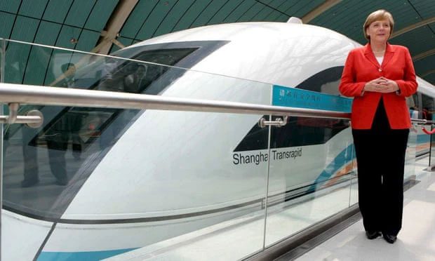 German Chancellor Angela Merkel riding China's maglev train in 2006.