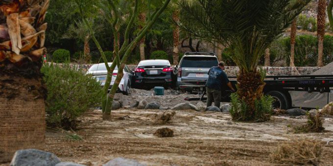 Cars in Death Valley pushed against each other by the flood