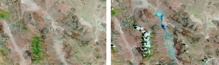 Satellite images of Death Valley taken on July 11 and August 7.