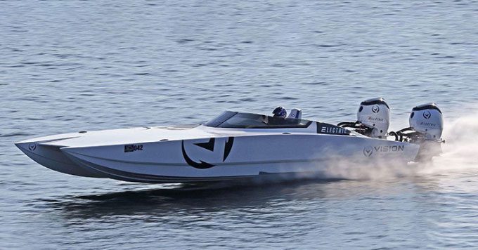V32 electric boat on the water.
