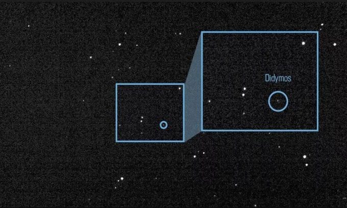 Asteroid Didymos and moonlet Dimorphos as captured by DART's DRACO instrument