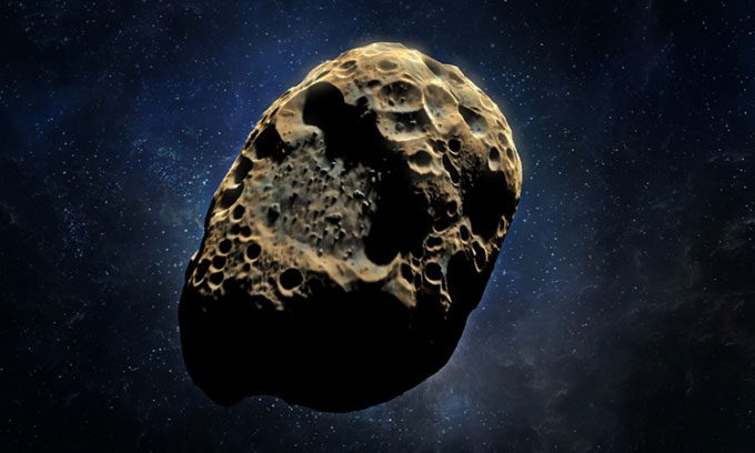 Illustration of an asteroid flying in space.