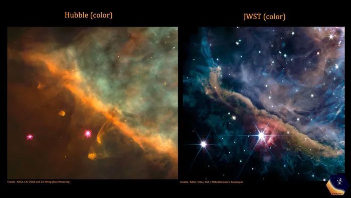 Images of the Orion Nebula taken by Hubble (left) and James Webb.