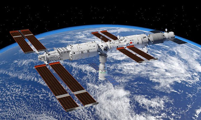 Simulation of the Tiangong space station in orbit.