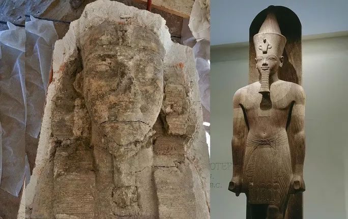The sphinx statue (left) and another statue of Amenhotep III