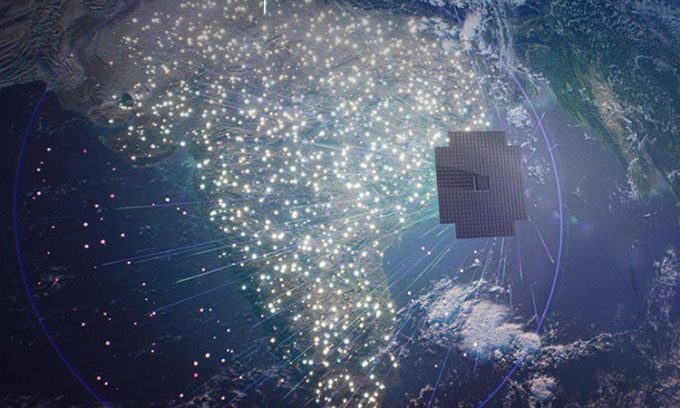 Illustration of the BlueWalker 3 mobile phone service satellite from AST SpaceMobile in orbit.