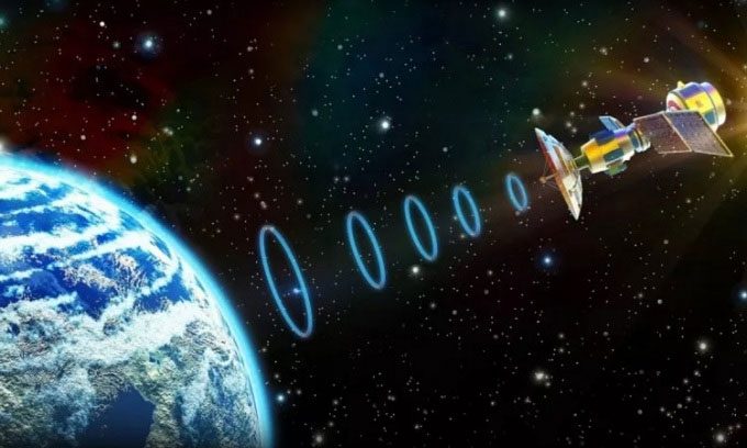 Simulation of a satellite transmitting signals to Earth.