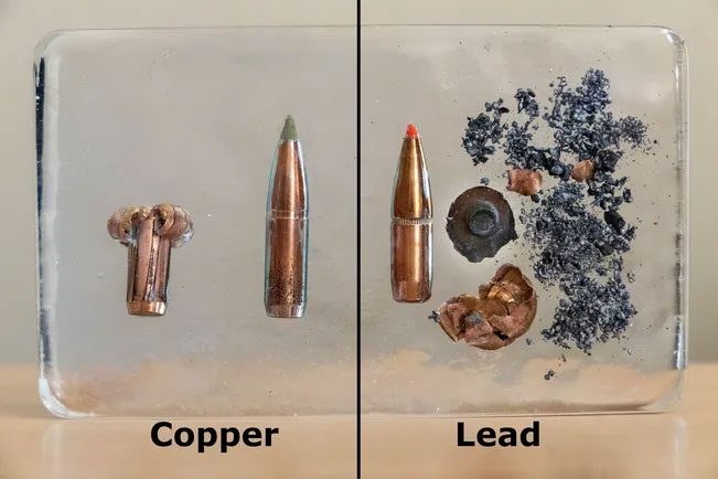 Copper bullets (left) compared to lead-core bullets (right) before and after impact