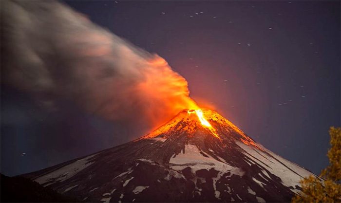 Villarrica Volcano in Southern Chile erupting lava.