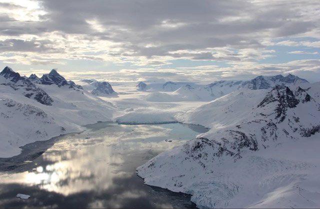 A fjord in Southeast Greenland filled with water, April 2016.