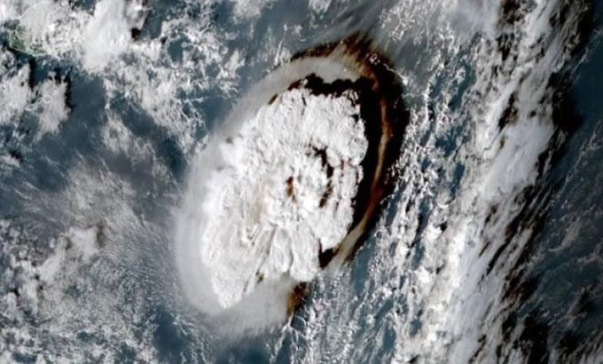 Satellite image of the famous Hunga Tonga – Hunga Ha'apai eruption in early 2022