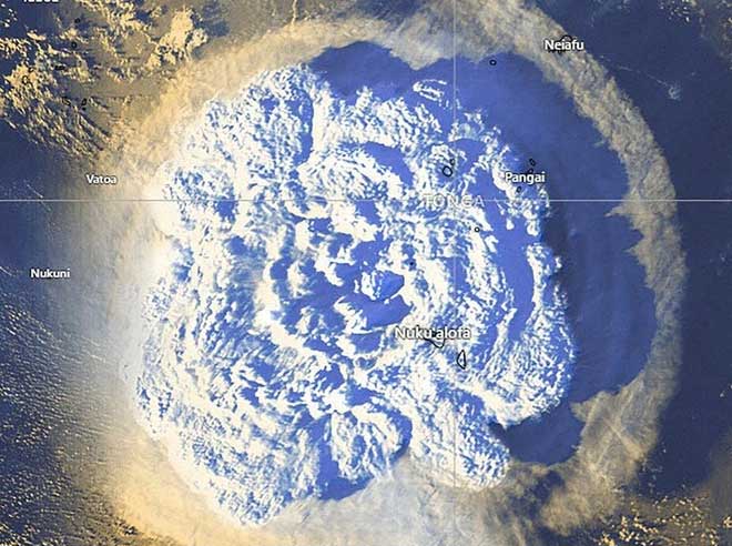Satellite image shows the eruption in Tonga creating a vast area of dust and smoke.