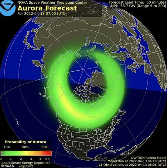 Forecast chart showing the vast area of auroras
