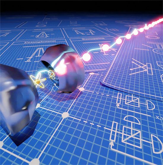 A rubidium atom trapped in an optical resonator consisting of two highly reflective mirrors.