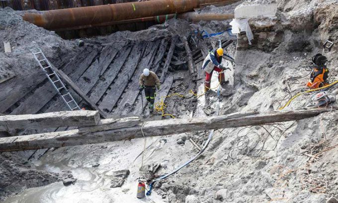 The 24-meter long and 9-meter wide merchant shipwreck in a construction site in Tallinn.