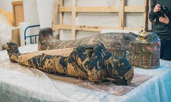 Pregnant woman's mummy next to the coffin.