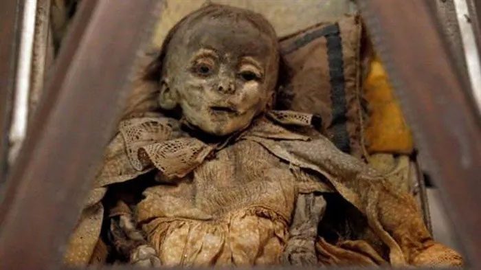 Mummies still dressed in full clothing, some placed in cribs.