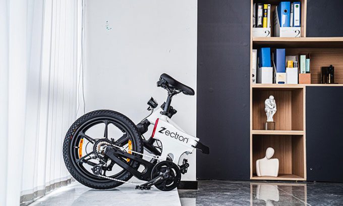 Zectron electric bike can be folded for easy storage or transport.