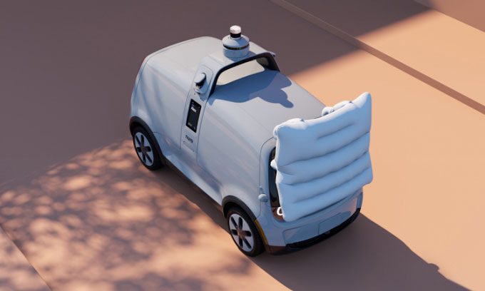 Nuro's new generation autonomous vehicle equipped with pedestrian airbags.