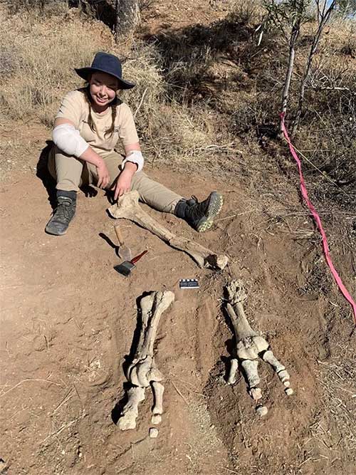 A scientist next to the foot and leg bones of the newly excavated "divine bird"