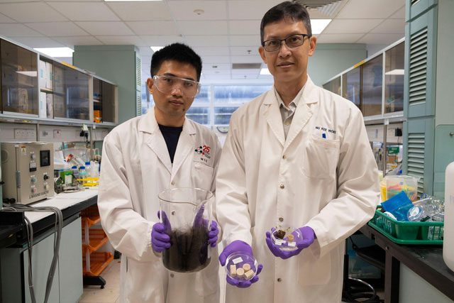 Dr. Zhao Zhitong and Professor Ng Kee Woei, the inventors, beside the final product