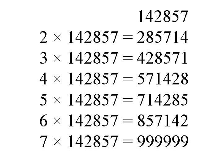 The results of multiplying 142857 by numbers from 1 to 7