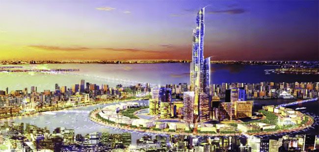 The super skyscraper Burj Mubarak al-Kabir in the future urban complex Madinat al-Harper