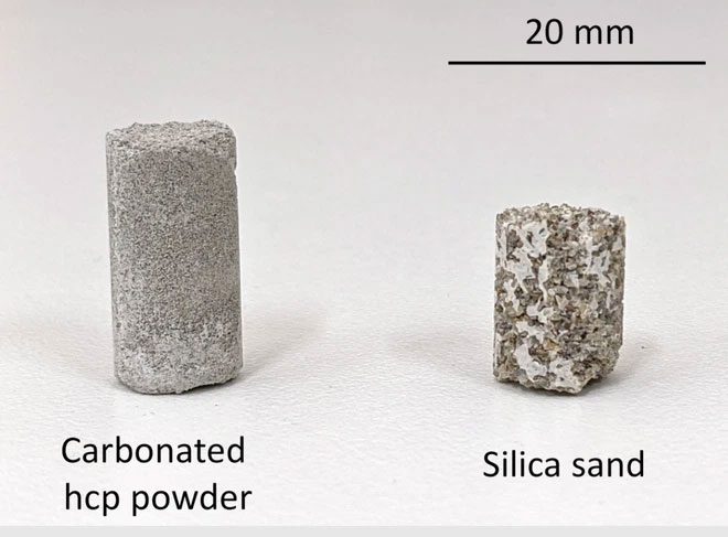 The new material block that the research team calls calcium carbonate concrete.